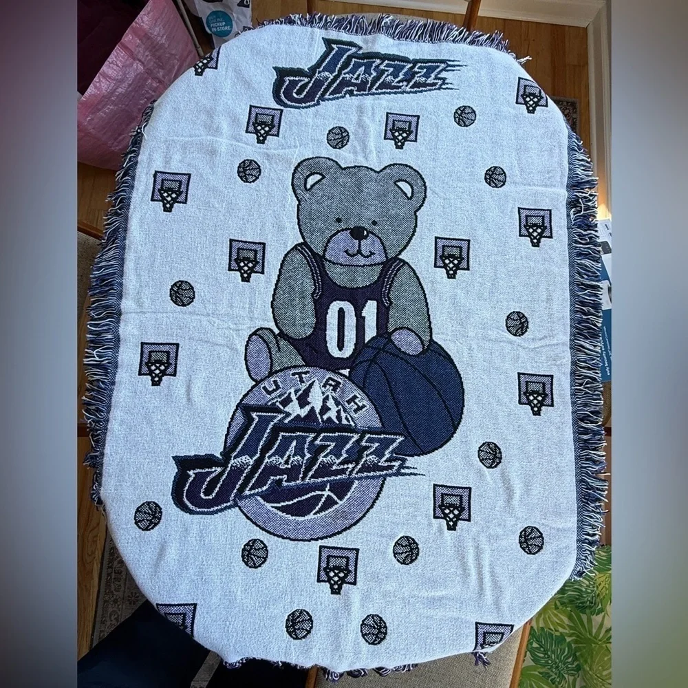Utah Jazz Vintage Baby Blanket Teddy Bear Design 35 x 49 Inches